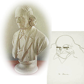 Mommsen bust and cartoon from 2003 exhibit, Kalkriese/Varusschlacht, Germany